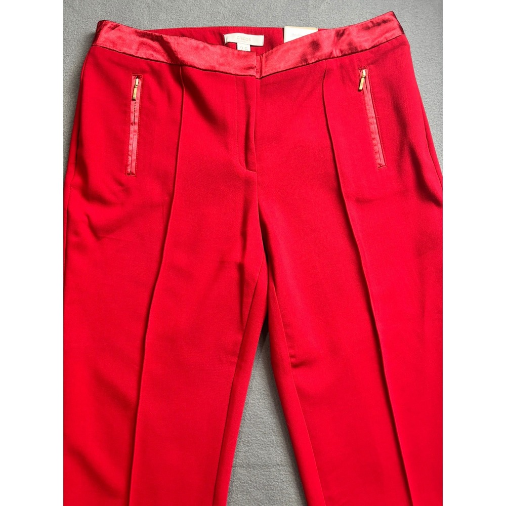 Chico's Manhattan Dress Pants Women 2.5 Red Satin Trim Straight Leg Holiday
